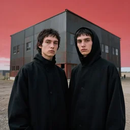 cinestill 5 0 d closeup photographic portrait of two clones in front of a brutalist metal building, on a desolate plain, red sky, black oversized clothes, depth of field, 4 k, 8 k, hd, full color