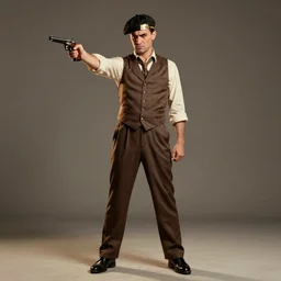 Full body portrait of a man with a stern look dressed in a 1920s attire. He is pointing a gun and seems mentally unstable. 4K, dramatic lighting