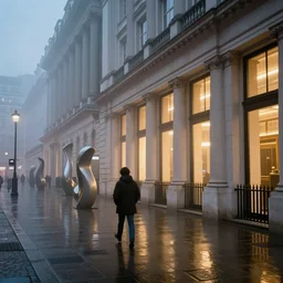 A person walks through the banking district of London. Evening atmosphere, deep fog, it is wet. You can see lights and modernist sculptures. Photo by Martin Parr
