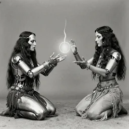 vintage bw photo of a two cyborg gypsy shaman doing magic