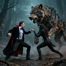 a photograph of vampires fighting against a giant werewolf
