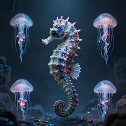 seahorse dragons, jellyfish, occult, 8 k, dramatic