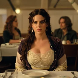 movie still of a lana del rey with a very big bust sitting at a table, titanic ship interior, directed by Quintin Tarantino