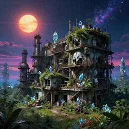 a beautiful hyperdetailed rendering of abandoned industrial architecture nature building laboratory urbex by banksy, cosmic tokyo at night morning sun magic realism retrowave at dusk sea cgsociety rainforest myst assassin's creed crystal nature fantasy cyberpunk, archdaily, wallpaper, highly detailed, trending on artstation.