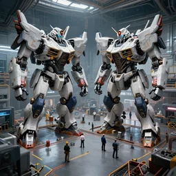busy repair bays of giant mechs, futuristic, automation, highly detailed, artstation, realistic render, photography, intricate detail, volumetric lighting, hdr, 4 k