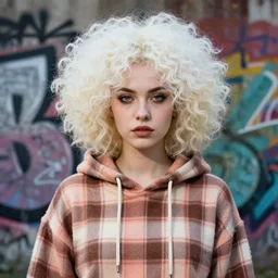 highly detailed portrait of a sewer punk lady, tartan hoody, white afro hair by atey ghailan, by greg rutkowski, by greg tocchini, by james gilleard, by joe fenton, by kaethe butcher, gradient peach, brown, blonde cream and white color scheme, grunge aesthetic!!! ( ( graffiti tag wall background ) )