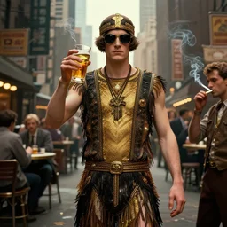 humanoid discord logo gambling, drinking alcohol and smoking in New York City, decade 20s, old film, digital fantasy art, trending in deviantart, hyperdetailed, high quality, cinematic