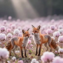 foxes frolicking in a field of cotton candy