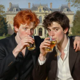 attractive mike with ginger hair with attractive tyler with brunet hair, drinking their hearts out, in their noble mansion. highly defined painting, highly detailed painting by gaston bussiere, craig mullins 8 k