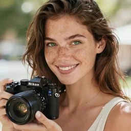 a trending photo of over a million views from a female fashion model's instagram account, summer, freckles, smile, green eyes, natural, easygoing, healthy, nikon, leica, zeiss, 5 0 mm lens, flash fill, f 1. 8 depth of field