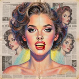 a handmade collage painting with newspapers and magazines of a girl from 1 9 8 0 s, big lips, big eyes, bleeding nose, sharp objects, golden teeth, high detailed, retro style painting, retro pastel colored palette, grain and texture, dancing heads, illustration, oil pastel drawing, symetrical, in the middle, looking to camera, high shoulders, gradient lighting at the back, sharp teeth, red paint stains, extremely elegant drawing, looking straight, lens correction, sharp focus, 8 k