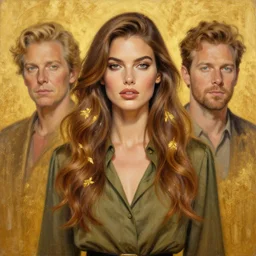 epic painting drawing, full figure portrait of beautiful supermodel wearing olive blouse, long wavy hair with golden tea leaf, photography by amy leibowitz, wlop, jeremy lipkin, beeple, intricate, symmetrical front portrait, artgerm, golden glowing background
