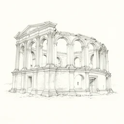 an image of an old ruin. an artists simple line drawing of the building in pristine and complete condition has been transparently overlaid onto a photo of the ruin using double exposure