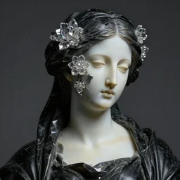 hyperrealism close - up fractured dark obsidian statue of a beautiful medieval woman's fractured face blended with crystallic flowers in style of classicism, pale skin, ivory make up, wearing black silk robe, dark and dull palette