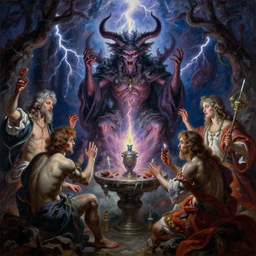 baroque oil painting of a demonic magical ritual!!! different realm, cinematic lightning, dark fantasy, acrylic palette knife, high detail, neon, realistic painting by noah bradley and raphael lacoste and ruan jia and marc simonetti