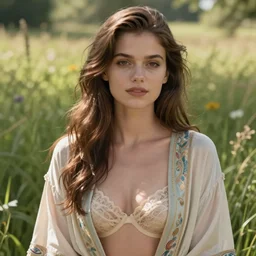 cassandra cain with robe with decollete and bra | | in a meadow!! summer, realistic shaded, pleasant face, fine details, medium shot, portrait, realistic shaded lighting poster by greg rutkowski, artgerm, kyoto animation and alphonse mucha