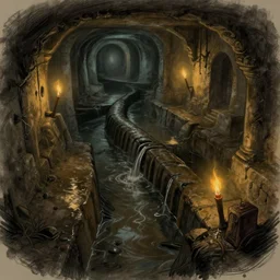 intersection of flooded sewer tunnels. fantasy art, underground, stream, musty, damp, sewage, darkness, underground, catacombs, abandoned spaces, torchlight. sketch art earthdawn campaign setting. myth drannor. parlainth.