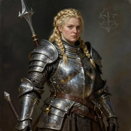 A noble female dwarven warrior and blacksmith wearing heavy iron breastplate. Chubby plump body. complex blonde braided hair. Fantasy concept art. Moody Epic painting by larry elmore, and greg rutkowski. ArtstationHQ. painting with Vivid color. (Dragon age, witcher 3, lotr)