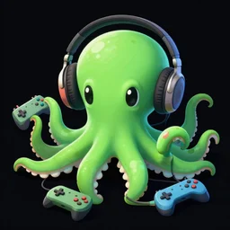 a cute acqua green little octopus playing videogames, with various joypads in his tentacles and a pair of headphones, dark black background, digital drawing, photoshop, high definition, good shading, artstation contest winner
