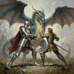 a knight in shining armor fighting a large dragon, modern painting trending on artstartion