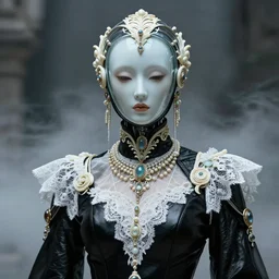 a cyborg with a porcelain glass mask, black leather garment with art nouveau ivory accessories, dressed in white intricate lace and jewels, ethereal, misty, cyberpunk, darksynth, luxury, concept art by zeen chin, extremely detailed, artstation, andree wallin, edvige faini, ruan jia, 8 k, unreal engine 5