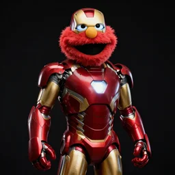 “Still of Elmo as Iron Man, portrait, realistic, 50 mm lens, medium shot, dramatic studio lighting, cinematic, black background, realistic photo”