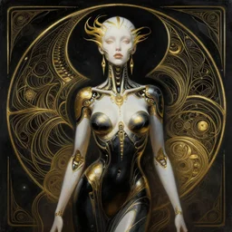 extremely psychedelic beautiful cyborg queen of lsd infected by night. intricate, elegant, highly detailed, extremely lifelike photorealistic digital painting, artstation. steichen, gaston bussiere, tom bagshaw, cyberpunk alphonse mucha. elegant minimalism. anatomically correct in every way. sultry. sharp focus. gold and black with white accents. melancholic. lifelike