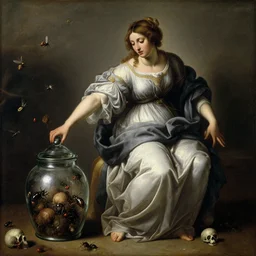 a painting of pandora opening her jar, releasing insects and critters that impersonate sickness and death, personification of misery, she is fully dressed in robes in the style of realism and artemisia gentileschi