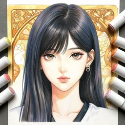 a copic maker realistic manga portrait by yoshiyuki sadamoto and lois van baarle and alphonse mucha of a kpop idol girl highly detailed eyes detailed face wearing a futuristic anorak lots of zippers, pockets, synthetic materials, by issey miyake and balenciaga 8 k