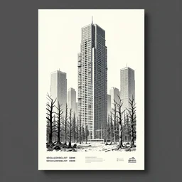 socialmodersist building in the midle dead forest, brutalist architecture, poster, screen print