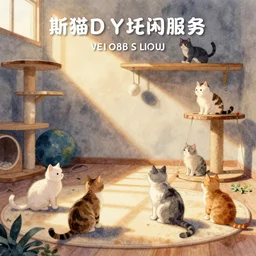 watercolor illustration style, cute cats training in cat gym club