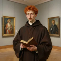 museum painting, wide - shot, young man with short curly red hair, priest robe, with a book, sharp focus, highly detailed, digital art, oil painting, masterpiece, artgerm, rutkowski, mucha, leyendecker, kinkade