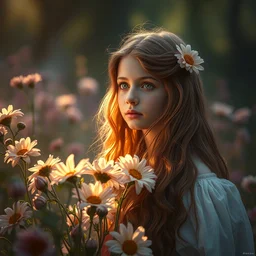 4 year old goddess of flowers. long ginger hair. atmospheric lighting. highly detailed digital painting by greg rutkowski. sharp focus, 8 k.