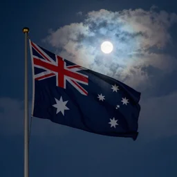an Australian winter night, an Australian flag, bright moonlight, clouds, trending on artstation, 30mm, by Noah Bradley