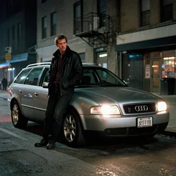 Audi A4 B6 Avant (2002), a gritty neo-noir, dramatic bright lighting, cinematic, establishing shot, extremely high detail, photorealistic, cinematic lighting, artstation, by simon stalenhag, Max Payne (PC) (2001) winter new york at night