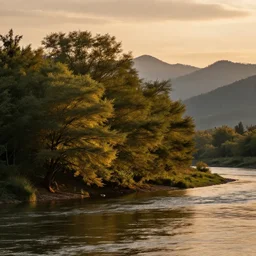 realistic trees, mountains, river, landscape, photo, 4k, wind,reflections, realistic, camera, sunset, warm tones