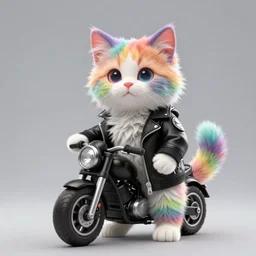 wide angle full body, of a fluffy cute rainbow kitten wearing a black motorcycle jacket, concept art