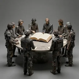 funereal, sinister collage, digital art by moshe safdie. a beautiful kinetic sculpture of a group of people standing around a circular table. in the center of the table is a large, open book. the people in the kinetic sculpture are looking at the book with interest & appear to be discussing its contents.