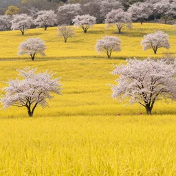 A vast yellow hilly meadow covered in Japanese Blossom trees and red mushrooms,