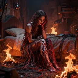 rgb, woman, bedroom full of fire, sadness, cinematic, movie scene, inspired by zdzislaw beksinski, clothes made out of veins,, cables everywhere, bedroom, ultra realistic, concept art, intricate details, highly detailed, photorealistic, octane render, 8 k