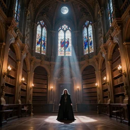 majestic ornate great hall, grand library, baroque, torches, stained glass windows, moonlight rays, dreamy mood, Darek Zabrocki, Karlkka, trending on Artstation, 8K