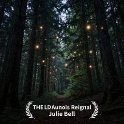 forest at night with floating lights by Julie Bell