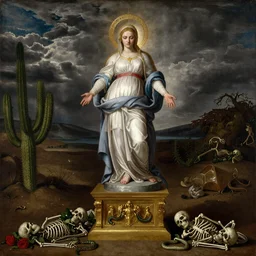 michael angelo painting of glowing elegant ornamented virgin saint sally hawkins face dressed rococo standing over a roman gold-made pedestal in a barren land with cactus. stormy weather. apocalypsis. skleletons roses and serpents on the floor