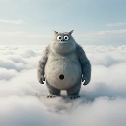 A realistic photo of a landscape with the ground made of clouds, and a fat monster with fly eyes and a hole in its belly standing on the ground