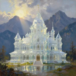 oil painting of translucent glass castle in dawn by anders zorn, wonderful art by greg rutkowski, beautiful cinematic light, american romanticism by greg manchess, tall rocky mountains and storm clouds, sun rays, sunshine, bright sunny summer day, reflections and refraction, transparent crystal building