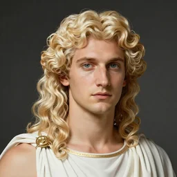 clean cel shaded art of the greek God Apollo, long fluffy curly blond hair, light platinum long blond hair, Alexandre Cabanel, norman rockwell, peter paul rubens, maler collier, frank frazetta, alphonse mucha, gustav klimt 4k, unreal 5, DAZ, french noveau, trending on artstation, octane render, hyperrealistic
