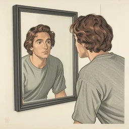 gazing at the mirror by woodblock print, nicolas delort, moebius, victo ngai, josan gonzalez, kilian eng
