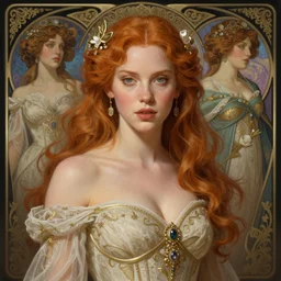 Christina Hendricks, fantasy, intricate, elegant, highly detailed, digital painting, artstation, concept art, smooth, sharp focus, illustration, art by artgerm and greg rutkowski and alphonse mucha