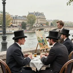 paris at early 2 0 th century. two gentlemen with top hats are having a coffee around a table at river seine ´ s bank. the two gentlemen are watching a painter at the banks on river seine, where he is painting something on a canvas. the painter is ewan mcgregor - 9