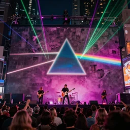 pink floyd playing the wall live in a post apocalyptic times square, laser show, realistic, cinematic, 3d render, post produced